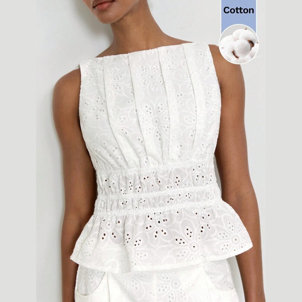 White Eyelet Lace Boat Neck Peplum Sleeveless Tank Top